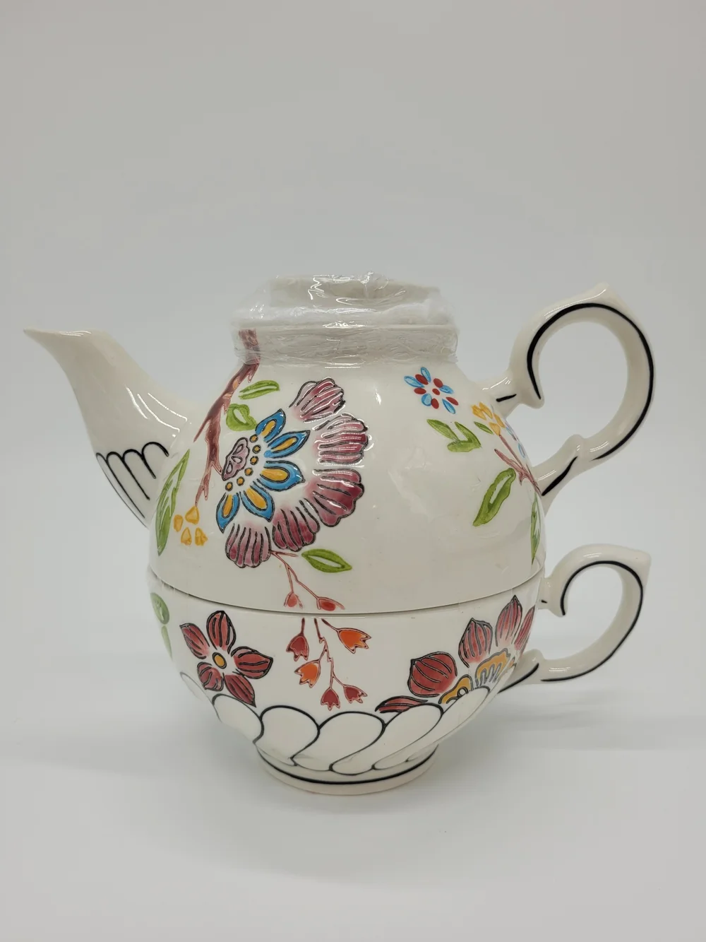 Dutch Wax Floral Ceramic Tea-for-One Set Multicolor Hand-Painted Flowers NEW